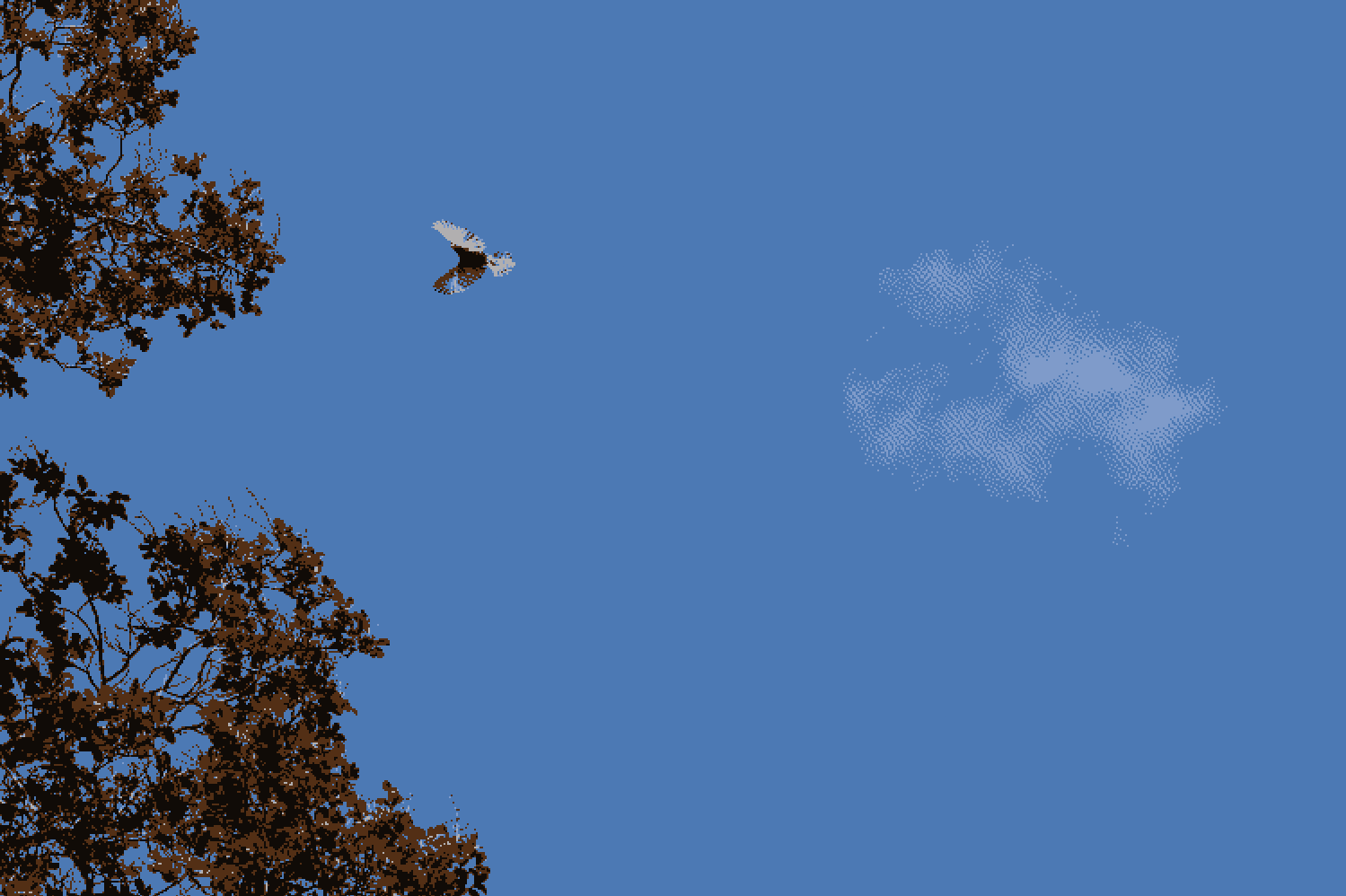 bird flying across the blue sky, pixelated