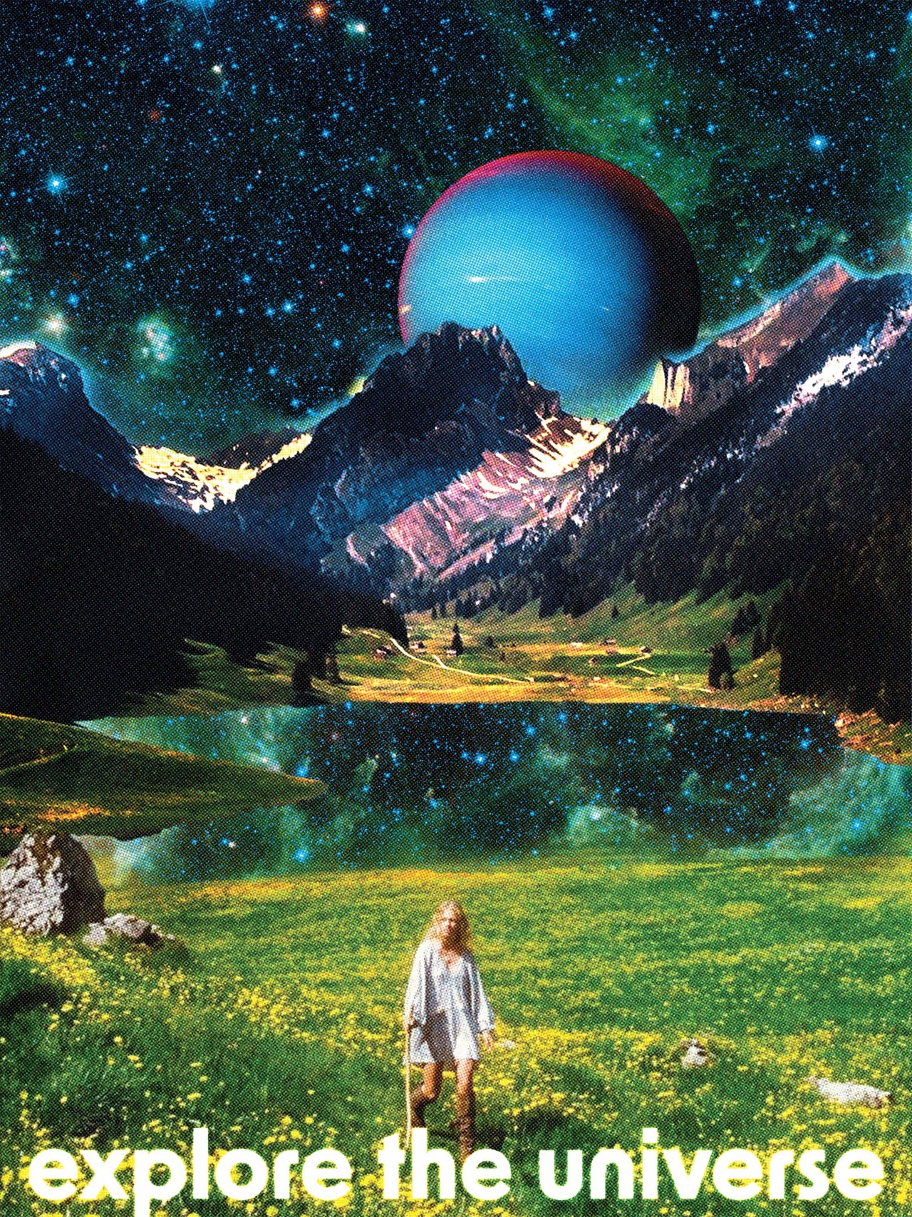 space illuminated behind mountains, giant planet surreal and close, lake filled with stars, woman walking in field