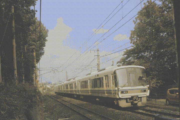 train on tracks, Kyoto, blue sky, through the trees, pixelated thumbnail