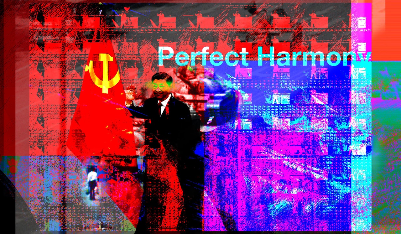 Photo collage, xi Jinping standing in front of flag, man stopped tanks in tienanmen square, unidentifiable images, glitch effects