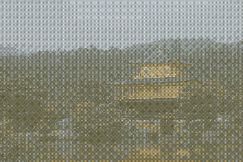 pixelated image of kinkakuji temple in tokyo